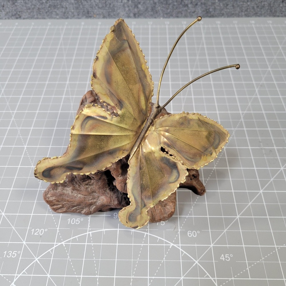 Vintage Brass Butterfly Sculpture Driftwood Base Mid Century Modern Handmade Art